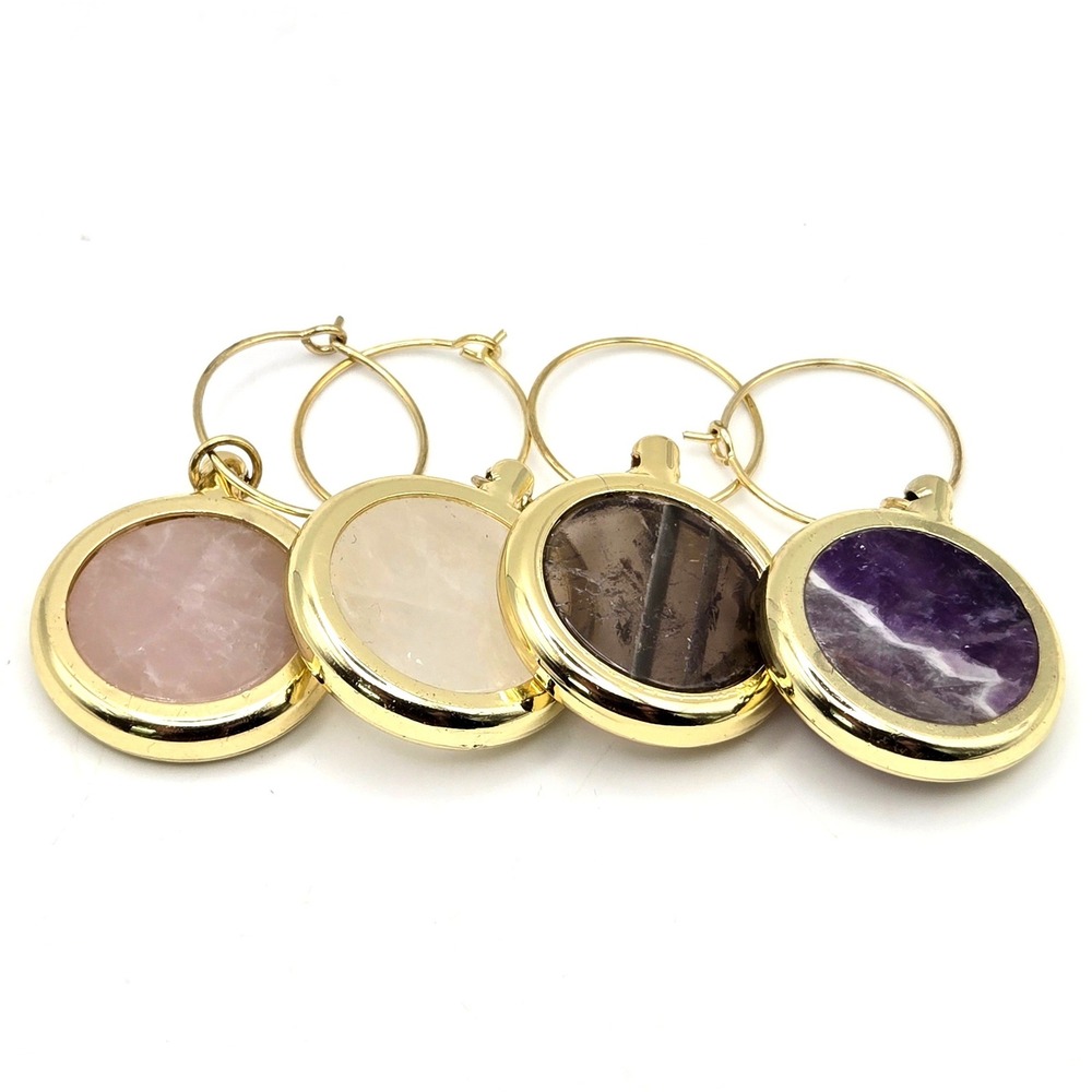 Set of 4 Gemstone Wine Glass Charms Gold Plated Amethyst Rose Quartz Labradorite